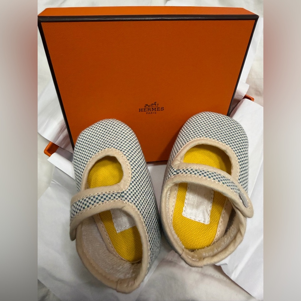 Hermes Light Blue Checkered Baby Booties - Never Worn